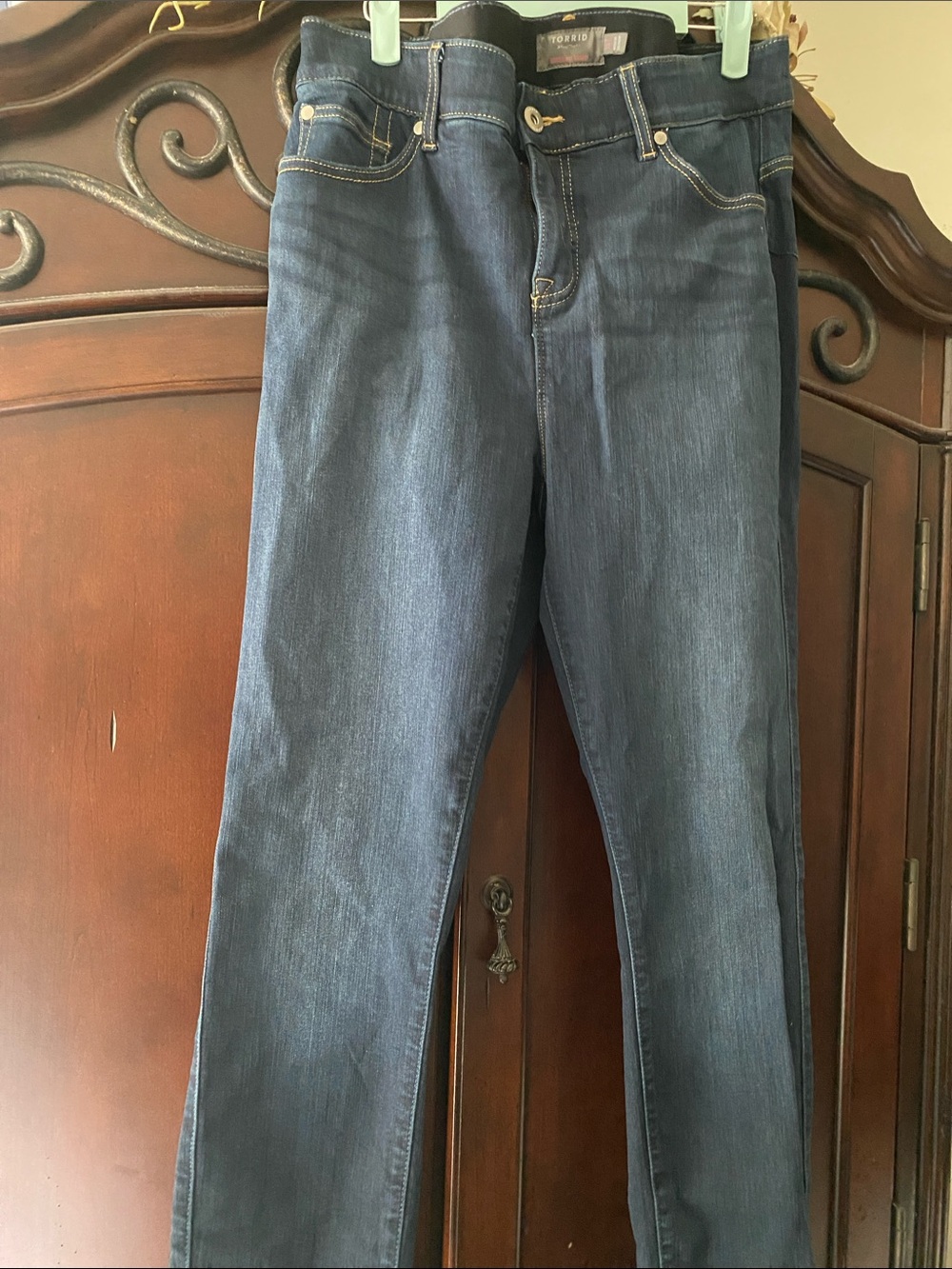 Torrid Dark Blue Stretch Skinny Tall Jeans with Gold Stitching